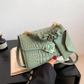 Mint green crocodile embossed handbag with pleated handle and geometric gold buckle - Green