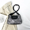 Borsa a tracolla in denim grigio e pelle nera con catena e cinturino intrecciato variante - Nero