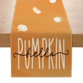 Orange autumn table runner with white pumpkin print and Hello Pumpkin artistic text - 33cmx180cm / Orange Pumpkin Hand-drawn (ZQ10-6)