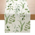 Chemin de table à imprimé feuilles tropicales vertes en lin et coton sur table en bois - Style Aquarelle Feuilles Vertes (ZQ11-4) / 33cmx180cm