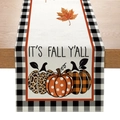 Autumn table runner with pumpkin print and buffalo plaid edge on linen fabric - 33cmx180cm / Black & White Gingham Art Pumpkin (ZQ10-7)