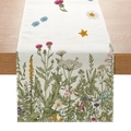 Chemin de table en polyester avec motif de fleurs sauvages sur table en bois - Fleurs Sauvages Peintes à la Main (ZQ11-6) / 33cmx180cm