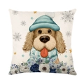 Blauer Weihnachts-Kissenbezug mit süßem Hund in Wintermütze und Schal für Sofa - Hund mit Hut und Schal (JYM354-4)