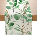 Chemin de table nordique avec feuilles d'eucalyptus vertes et lignes dorées sur blanc - Eucalyptus avec Lignes Dorées (ZQ11-7) / 33cmx180cm