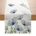 Polyester table runner with light blue floral pattern and green vines on cream base - Blue Poppy (ZQ12-1)