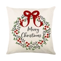 Kerst kussensloop met Merry Christmas tekst en hulstkrans op linnen textuur stof - Kerstkrans Stijl (JYM366-1)