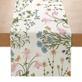 Polyester table runner with floral and butterfly prints on white linen-textured fabric - 33cm x 180cm / Colorful Flowers and Butterflies (ZQ12-5)