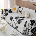 Copridivano in ciniglia bianco crema con motivo tulipano nero e bordi con frange - 180*180CM / Nero Tulipano