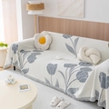 Copridivano in ciniglia beige con motivi a tulipani grigi e bordi con frange - 180*180CM / Blu tulipano