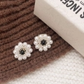Detail of vintage flower stud earrings with miniature pearls and black center bead - Black (A-1109-Black)
