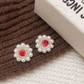 Retro handmade daisy earrings with white pearls and red gemstones on knit fabric - Red (A-1109-Red)