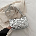 Silver metallic quilted crossbody pillow bag with adjustable strap and diamond texture - Silver