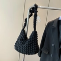 Fashionable black bubble textured pleated shoulder bag with unique puff fabric design - Black