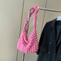 Pink pleated bubble shoulder bag with quilted texture and ruched strap for women - Pink