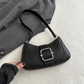 Minimalist black PU leather underarm bag with vintage silver square buckle closure - Black