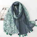 Linen feel floral scarf in green and blue contrast with elegant tassels and fringe - 180*88cm / Light Green and Deep Blue Floral Stitching (SL2401-001)