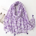 Sciarpa viola in cotone e lino con stampa floreale bianca e bordi con nappe - 180*90CM / Viola