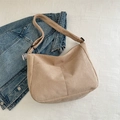 Light brown corduroy hobo shoulder bag with a cute cartoon puppy charm and strap - Khaki