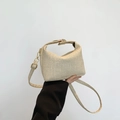 Minimalist beige woven handbag with gold metal hardware and adjustable shoulder strap - Khaki