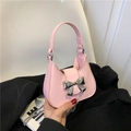 Chic light pink underarm bag with silver bow detail and metal chain strap for women - Pink