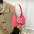 Pink mini crossbody bag with silver bow decoration and metal chain strap - Rose Red