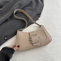 Elegant apricot faux leather shoulder bag with a bold silver buckle and minimalist design - Khaki