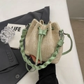 Beige woven bucket bag with green leather trim and a twisted top handle for women - Green (No Pendant)