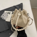 Beige straw woven bucket bag with cream leather drawstring and woven handle for summer - White (Without Charm)