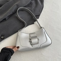 Minimalist silver underarm baguette bag with matte metallic finish and square buckle - Silver