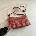 Vintage-Tote-Bag aus rot-weißem Tweed-Karo mit braunem Lederriemen und Mode-Label - Rot