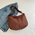 Brown corduroy large capacity crossbody bag with adjustable strap on denim jacket - Dark Brown