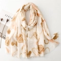 Elegant cream cotton-linen scarf with gold foil heart prints and fringed edges - Khaki(SL2403-013)