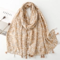 Beigefarbener Baumwoll-Leinen-Schal mit Blumenprint und dekorativen Fransen auf weißem Grund - 180*88cm / Khaki (SL2403-010)