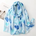 Detail of blue heart pattern with silver foil accents and frayed edges on linen scarf - Blue(SL2403-013)