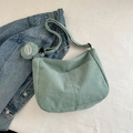 Mint green corduroy tote bag with adjustable shoulder strap and matching mini pouch - Dark Green