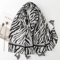 Zebra and leopard print cotton linen scarf with gray tassels for sun protection - Zebra Leopard Patchwork Color (SL2403-017) / 180*88