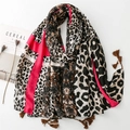 Weicher Schal mit Leopardenmuster, rosa Streifen und Fransen-Quasten für Damen - Leopard Patchwork Rose Pink Streifen Quasten Stil (SL2403-024)