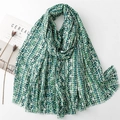 Detail of teal and white mosaic plaid scarf with soft fringed edges and linen feel - Green