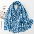 Blue and white geometric plaid scarf with tassels in soft cotton linen texture - Blue