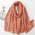 Orange pixel grid cotton linen scarf with frayed edges and modern artistic design - Orange