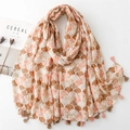 Cotton linen feel scarf with scallop print and tassels on a clean white background - Khaki