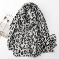 Chic leopard print cotton linen scarf with frayed edges and gold stamping accents - Black