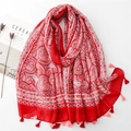 Linen feel floral scarf with red lotus pattern and decorative tassels for women - 180*88cm / Dark Red