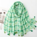 Light green cotton linen scarf with fish scale pattern and fringed edges for women - Green