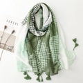Green and white waffle grid cotton-linen scarf with tassels for spring and autumn - Green Grid Style (SL2309-002) / 180x90
