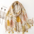 Floral cotton linen scarf with silver silk stripes and fringe tassels in yellow - 180*90CM / Yellow Tulip Print (SL2309-001)