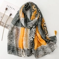 Scialle bohémien con motivi geometrici giallo zenzero e grigio con nappine decorative - Patchwork Geometrico Giallo Zenzero (SL2309-007) / 180*90CM