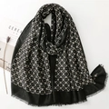 Black cotton linen scarf with geometric cross patterns and frayed edges on white background - 180*85CM / Black