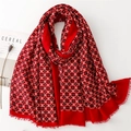 Detail of red geometric pattern cotton scarf with fringe on a minimalist background - 180*85CM / Red