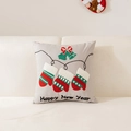 Funda de cojín navideño gris con bordado Happy New Year y detalles de campanas festivas - Funda de Almohada Individual / Mitones Grises